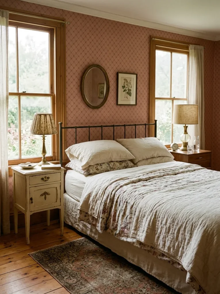  Two mismatched antique nightstands on either side of a bed creating a collected vintage look 