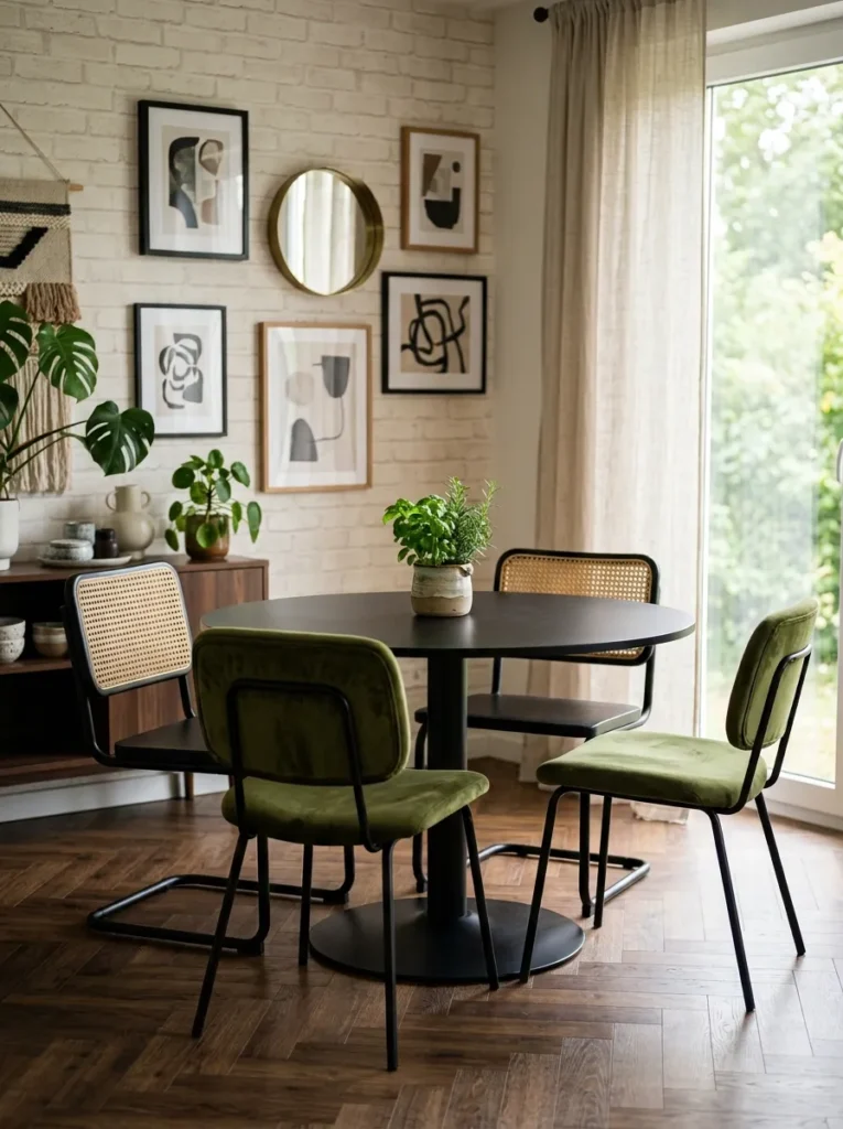 Dining table with two different chair styles mixed around it for an eclectic collected look