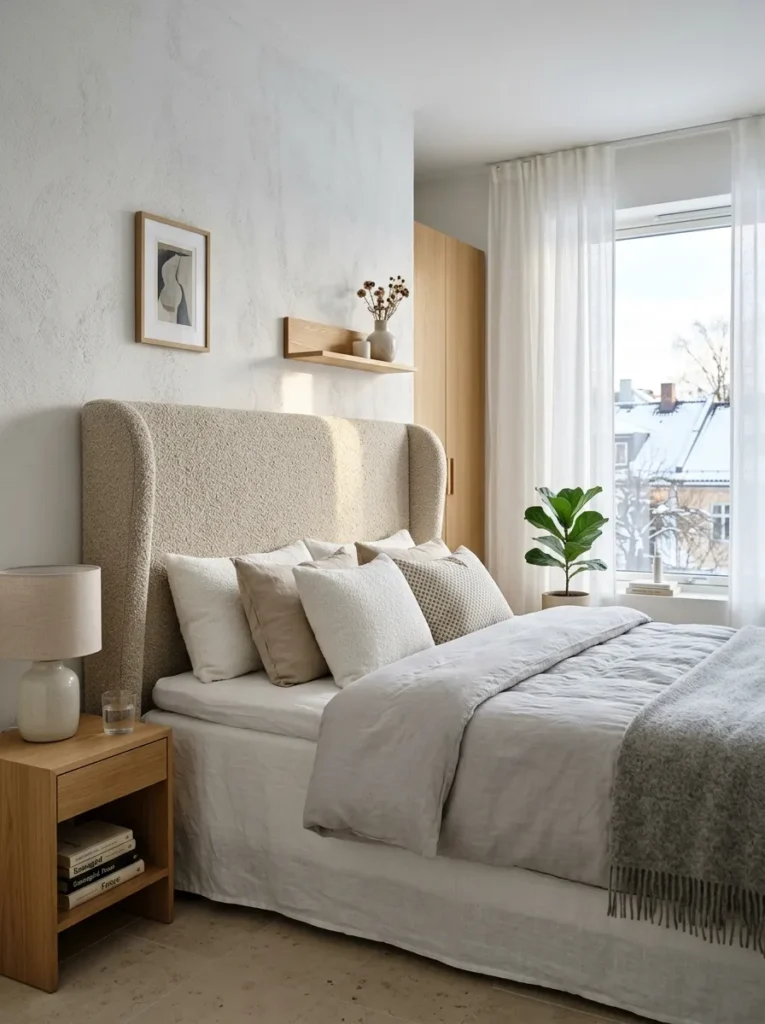 Tall bouclé upholstered headboard rising behind a bed in an Oslo Scandinavian modern bedroom.