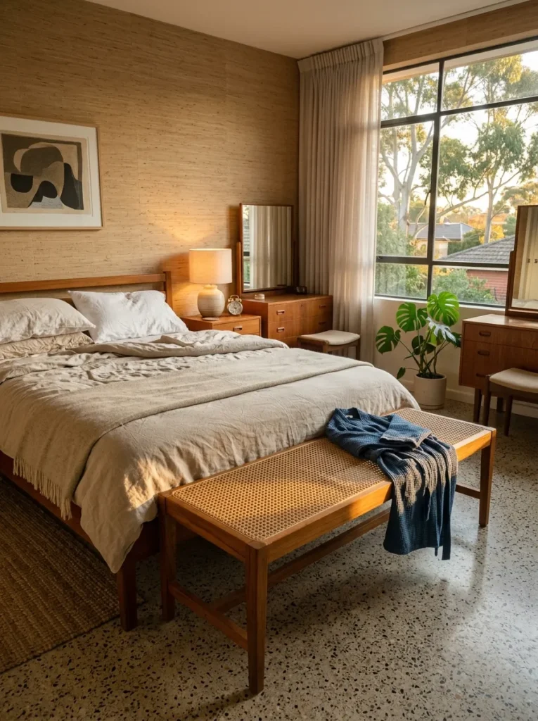 Cane-woven bench positioned at the foot of a linen-dressed bed in a Melbourne mid-century bedroom.
