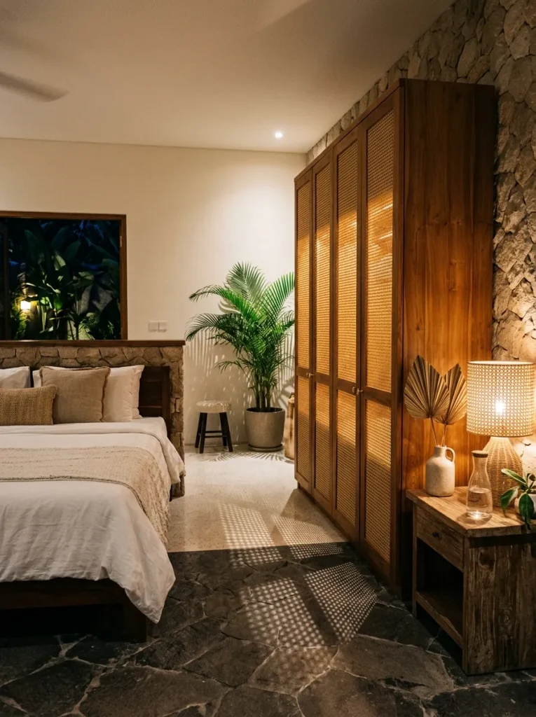 Woven cane door inserts on a wardrobe set against a plain wall in a Bali tropical modern bedroom.
