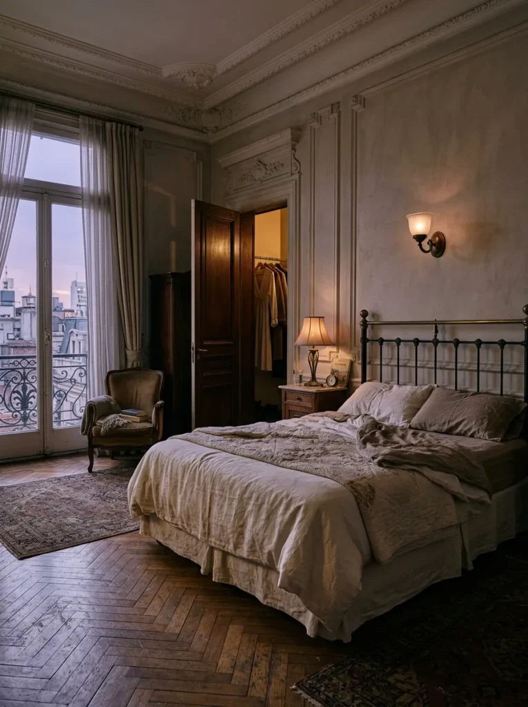 Lamp, sconce, and closet light all dimmed low in a Belle Époque apartment bedroom in Buenos Aires.