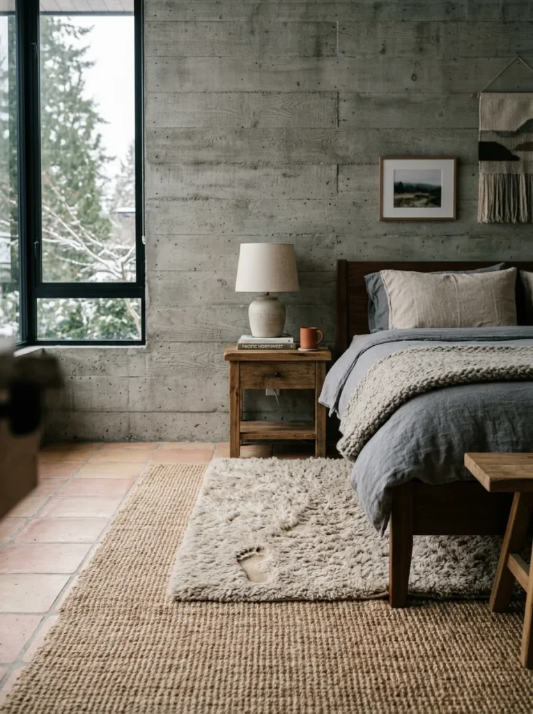 Flatwoven jute rug layered beneath a plush wool rug beside the bed in a Vancouver rustic modern bedroom.