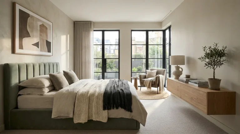 Low platform bed layered with linen and wool bedding in a bright Scandinavian bedroom in Copenhagen.