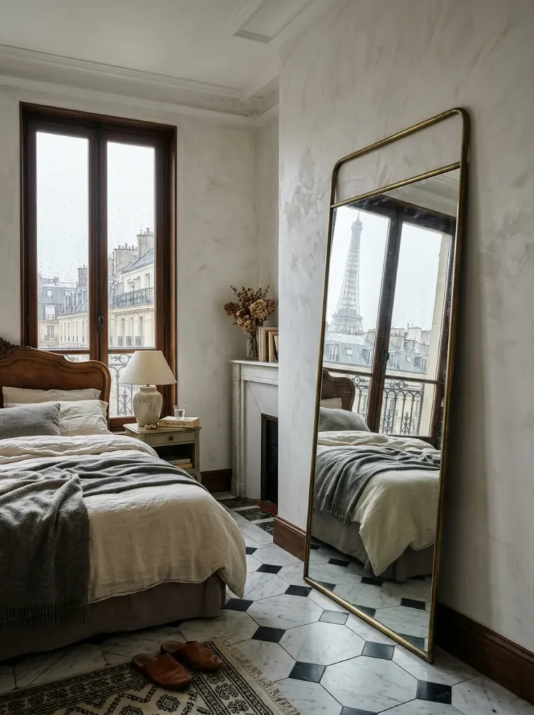 Thin-framed brass mirror leaning against the wall in a Haussmannian Paris apartment bedroom.
