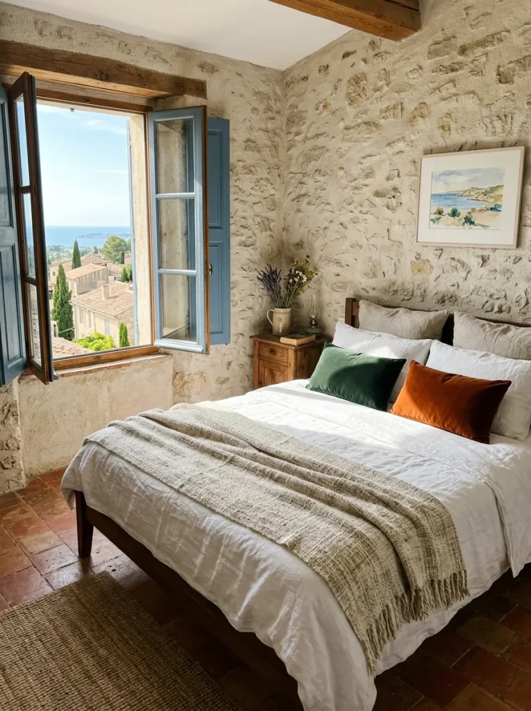 Linen sheets, velvet cushions, and a wool throw layered on a bed in a Marseille Provençal bedroom.