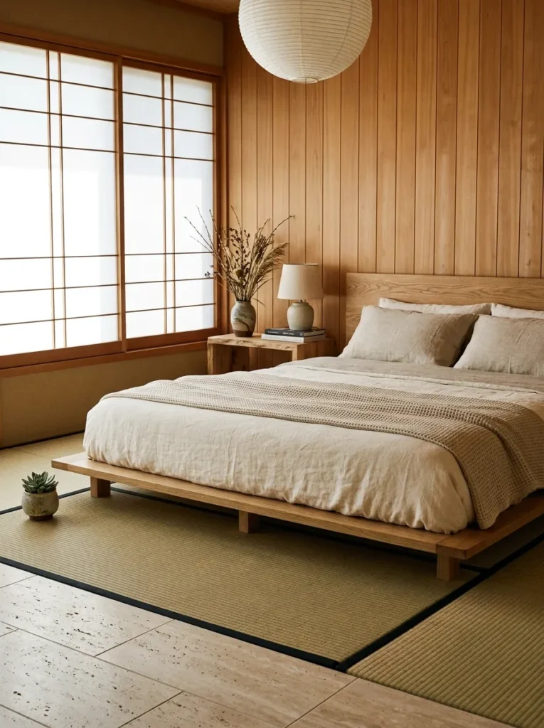 Low oak platform bed frame beneath soft studio light in a Kyoto Japandi-style bedroom.