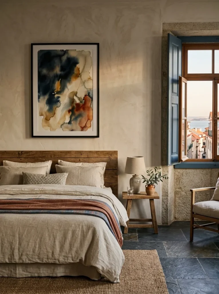 Oversized abstract wash print hung above the headboard in a Lisbon Provençal-style bedroom.