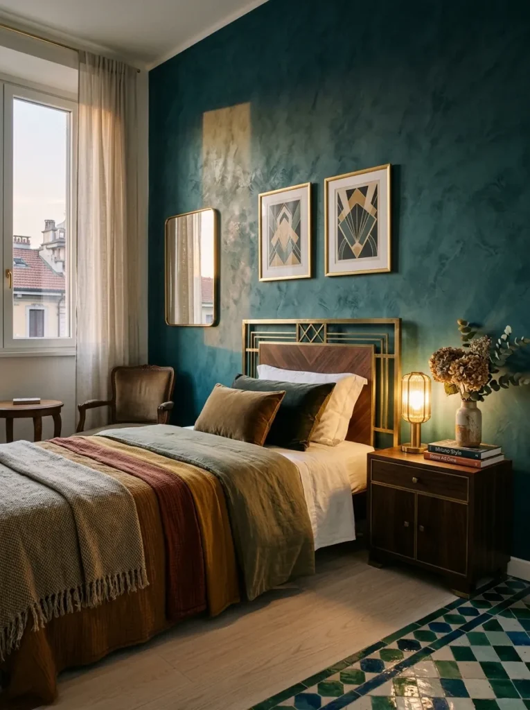 Venetian plaster accent wall in a deep tone behind the headboard in a Milan Art Deco bedroom.