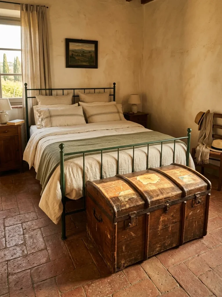 Scuffed vintage trunk placed at the foot of a coordinated bed in a Tuscan farmhouse bedroom.