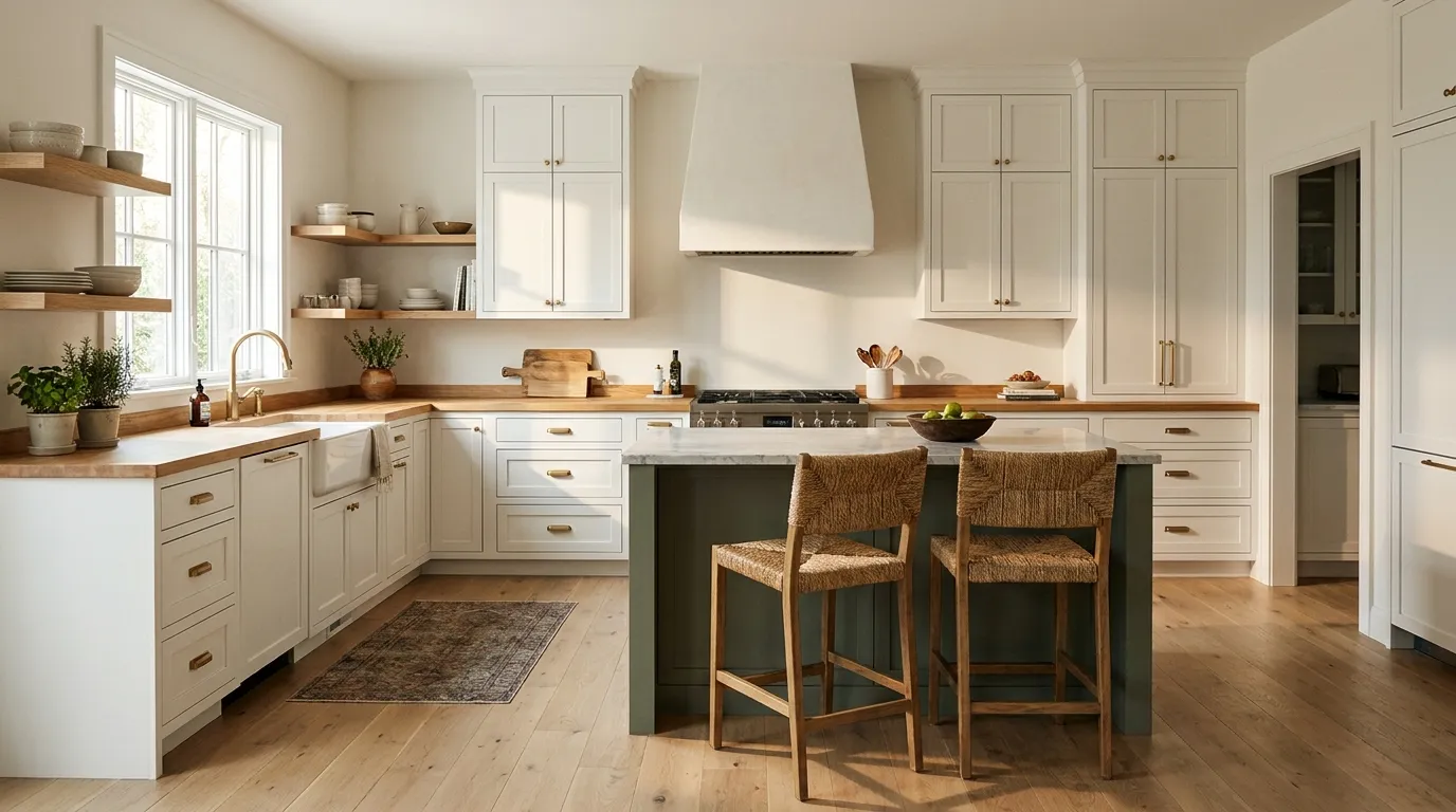 Modern L-shaped kitchen with white cabinets, oak countertops, a farmhouse sink under a window, and a sage green island with marble top