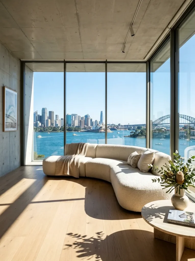 Curved bouclé sectional sofa sitting low against a wide window in a Sydney contemporary home.

