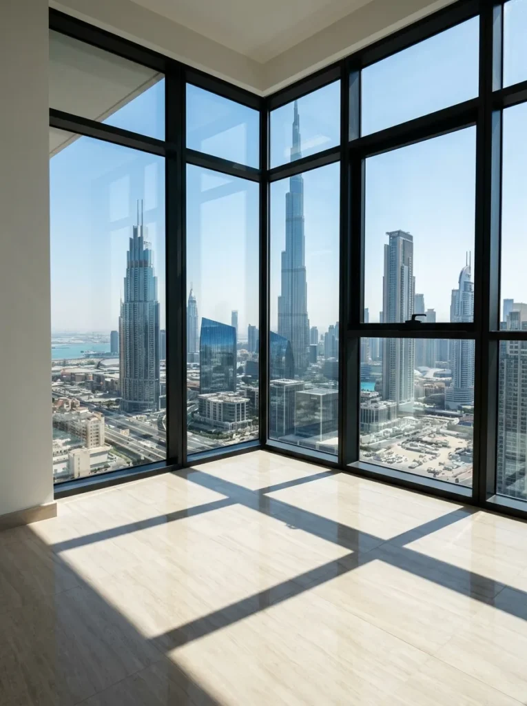 Corner of a living room left deliberately empty beneath a window in a Dubai luxury contemporary apartment.

