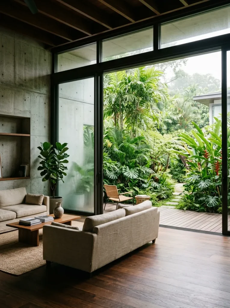 Floor-to-ceiling sliding glass doors opening a living room onto a garden in a Singapore contemporary home.


