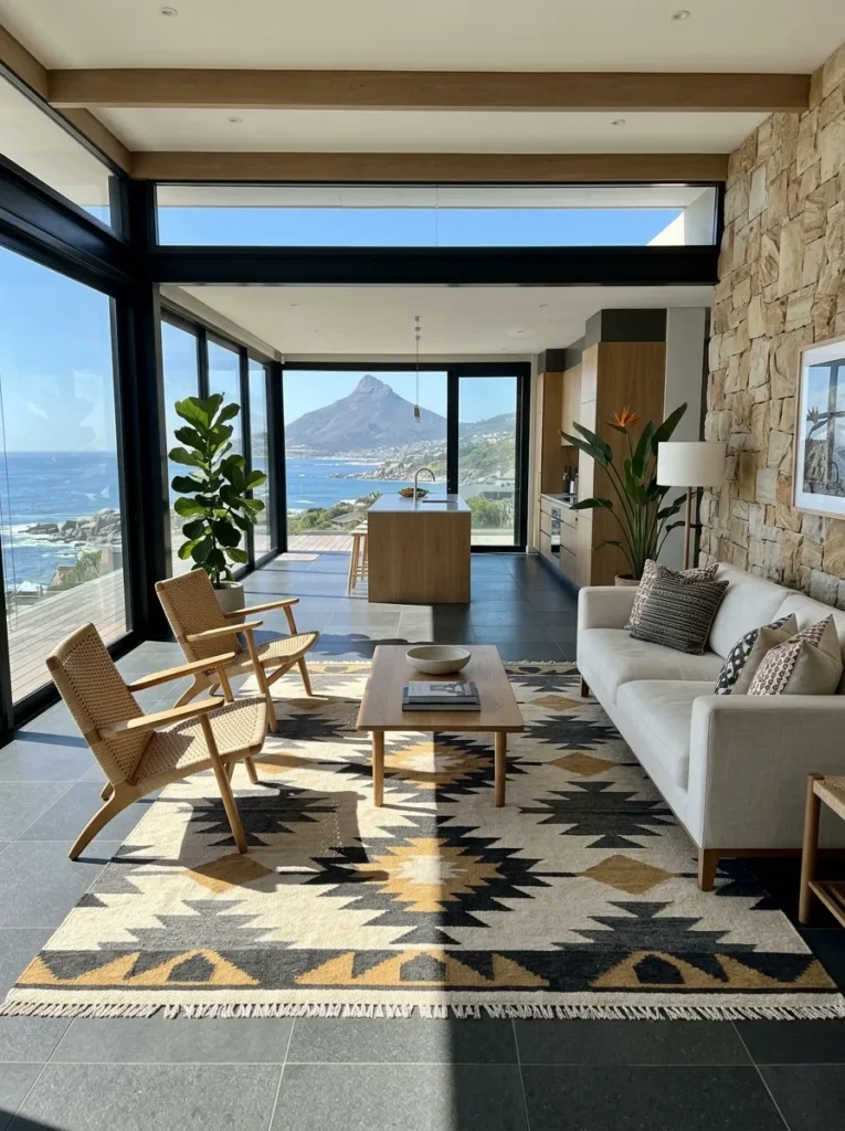 Geometric-patterned wool rug anchoring the seating area in a Cape Town contemporary coastal home.

