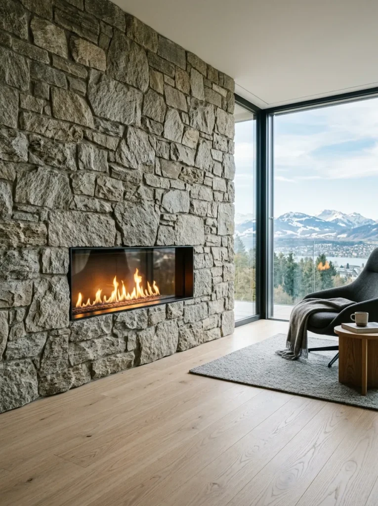 Linear fireplace flush-mounted into a stone wall in a Zurich contemporary alpine-adjacent home.

