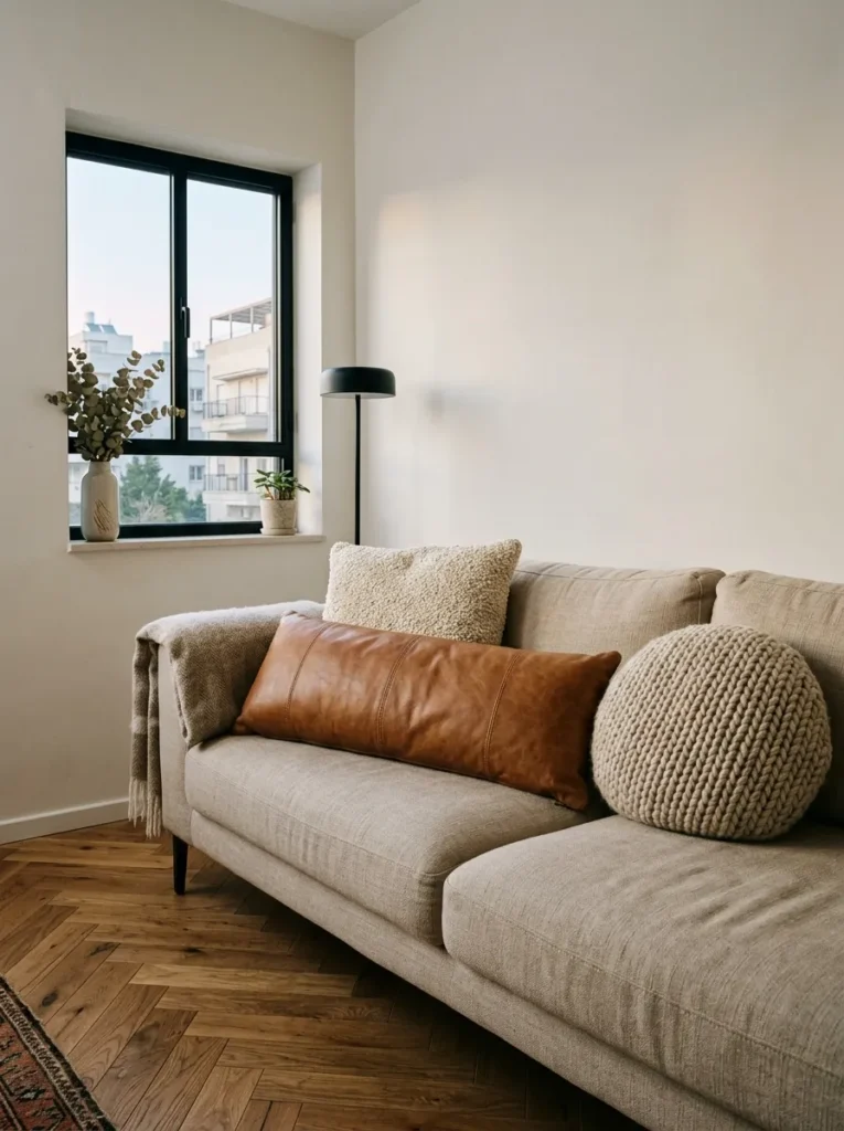 Leather, bouclé, and wool cushions mixed together on a sofa in a Tel Aviv Bauhaus-influenced apartment.

