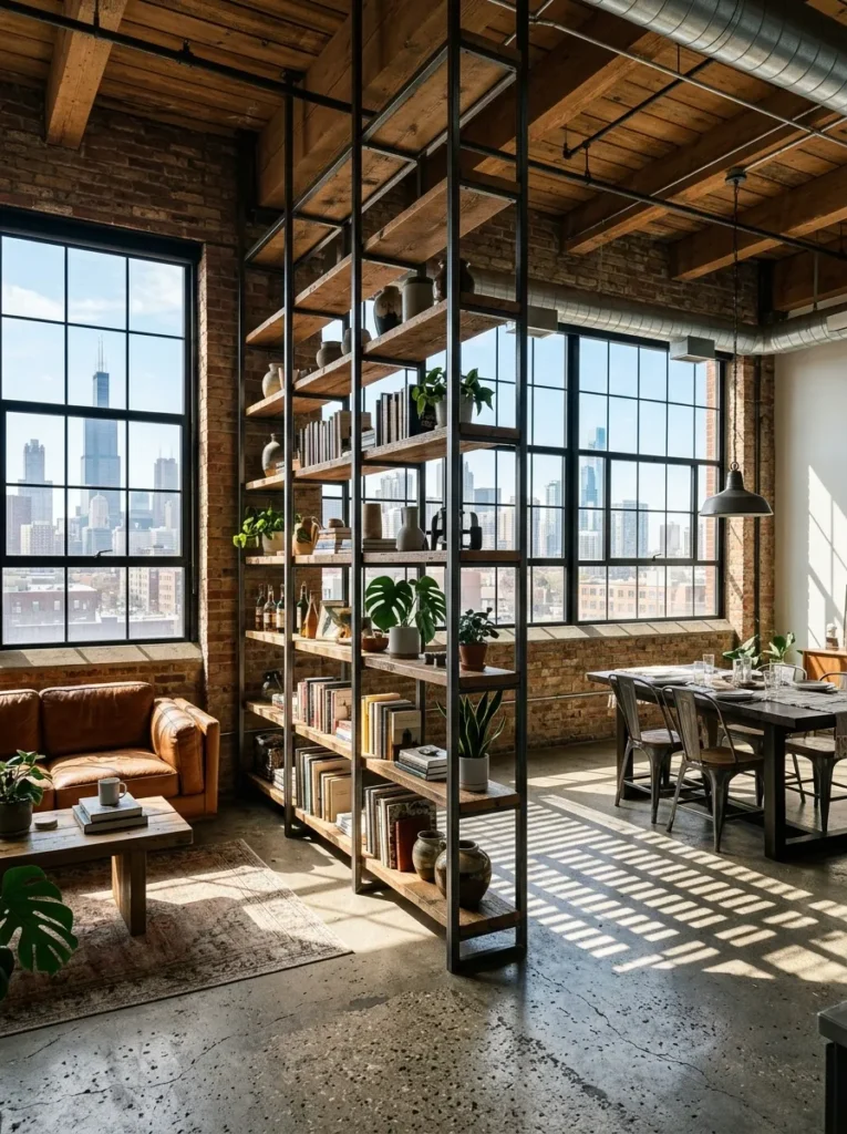 Full-height open shelving unit dividing the living area from the dining space in a Chicago industrial loft.

