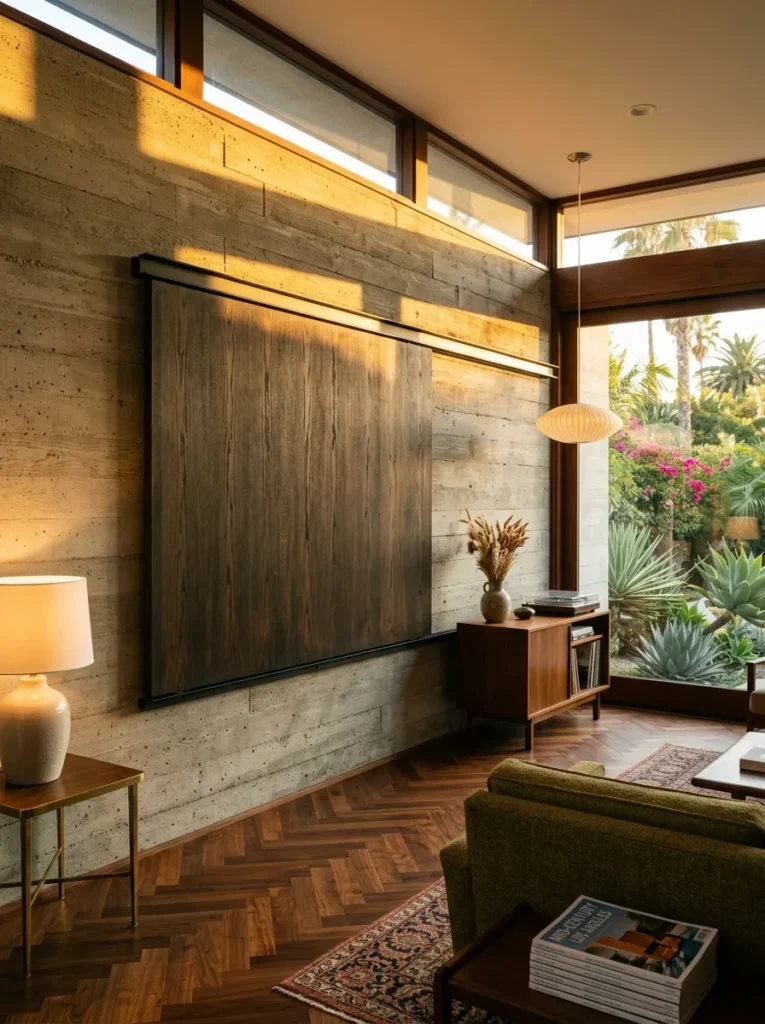 Smoked oak sliding panel closed over a wall-mounted television in a Los Angeles mid-century home.

