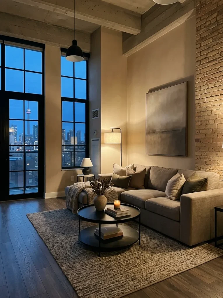 Warm greige, taupe, and sand tones layered across furniture in a Toronto urban contemporary loft.

