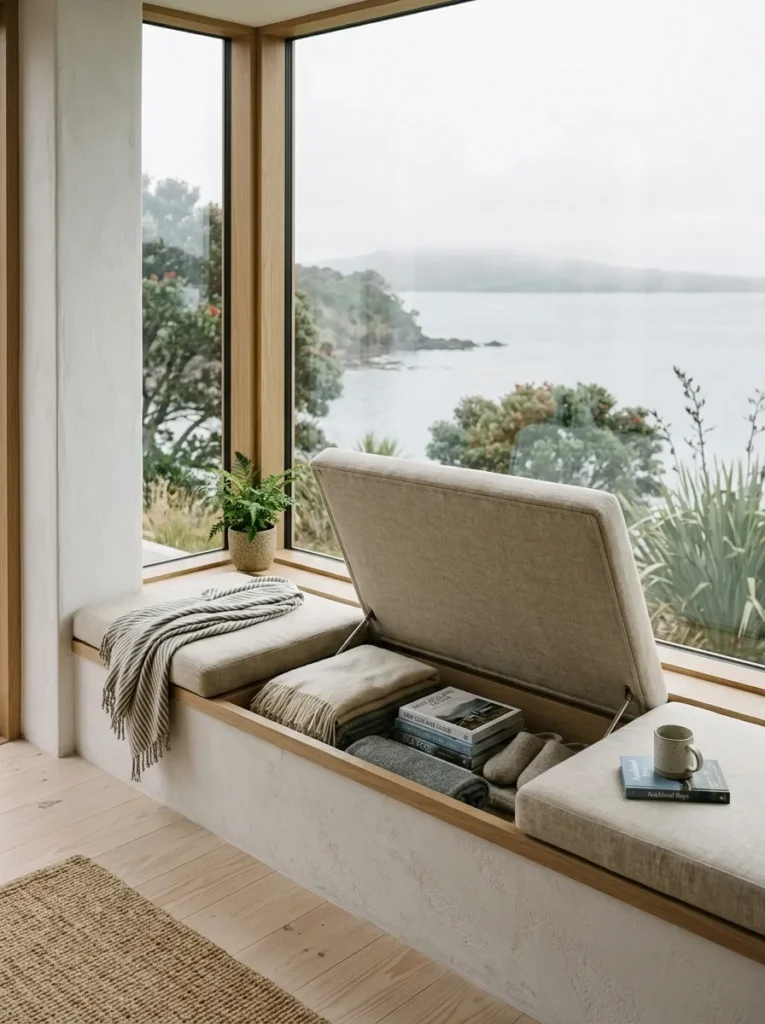 Built-in upholstered window seat with its lid lifted to reveal storage in an Auckland coastal home.

