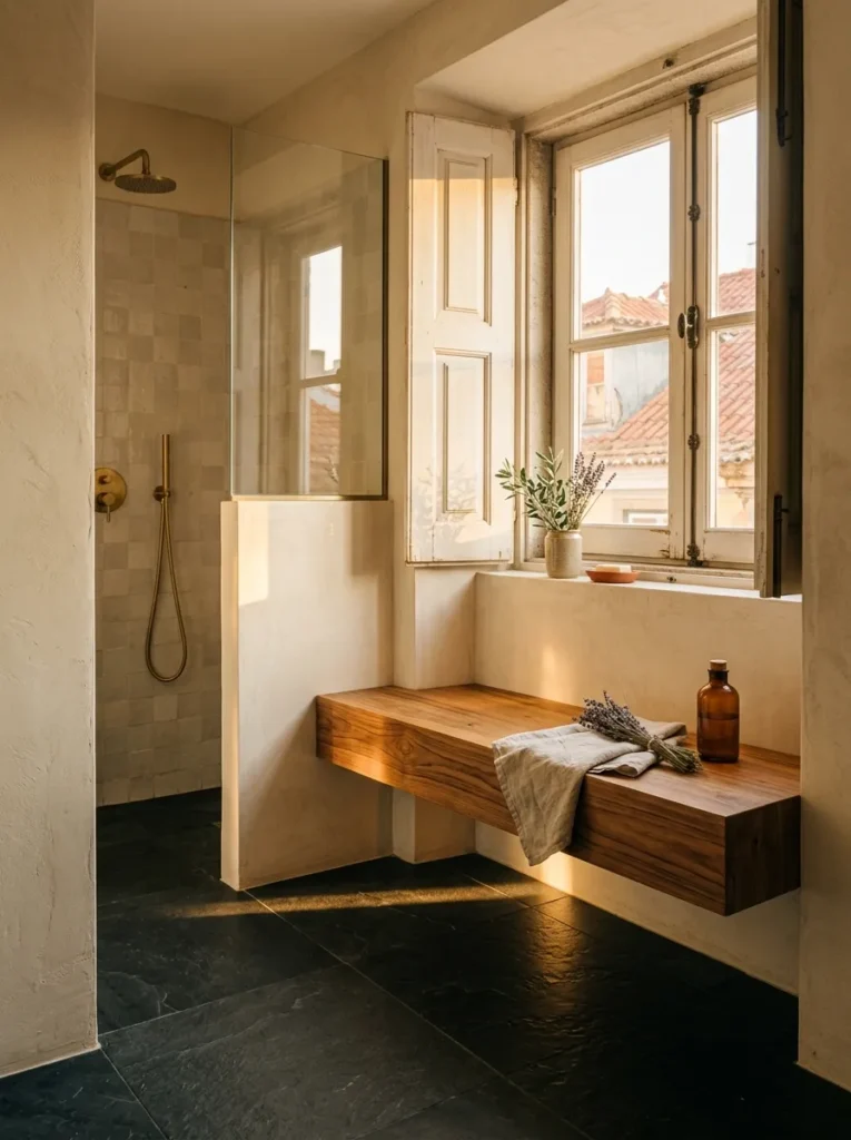 Cantilevered teak bench floating along the shower wall in a Lisbon Provençal-style bathroom.