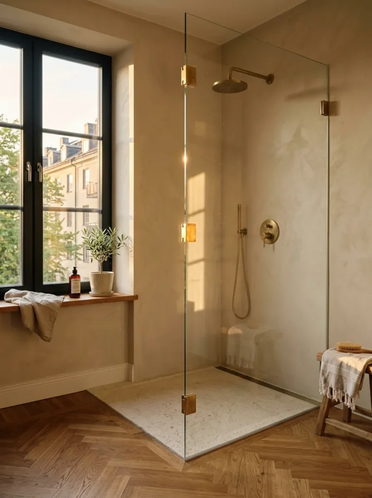 Frameless glass shower panel held by unlacquered brass clips in a Nordic classic Stockholm bathroom.