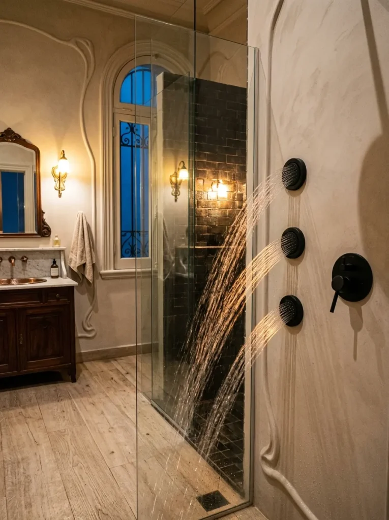 Matte black body jets mounted at torso height along the shower wall in a Buenos Aires bathroom.