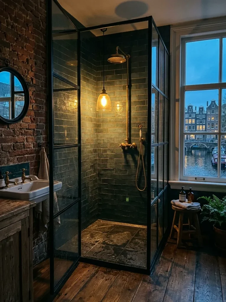 Sealed waterproof brass pendant hanging inside a shower enclosure in an Amsterdam canal house bathroom.