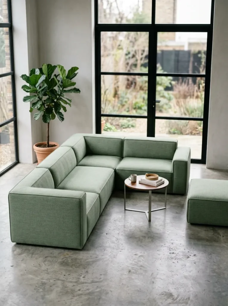 Sage green modular sectional with visible seams between individual units arranged in an L-shape with a separate ottoman, in a minimal room with concrete floor