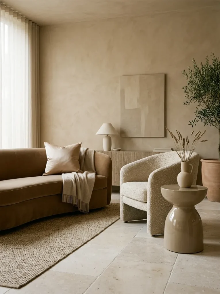  All-sand monochromatic living room with varied textures in velvet, wool, and lacquer