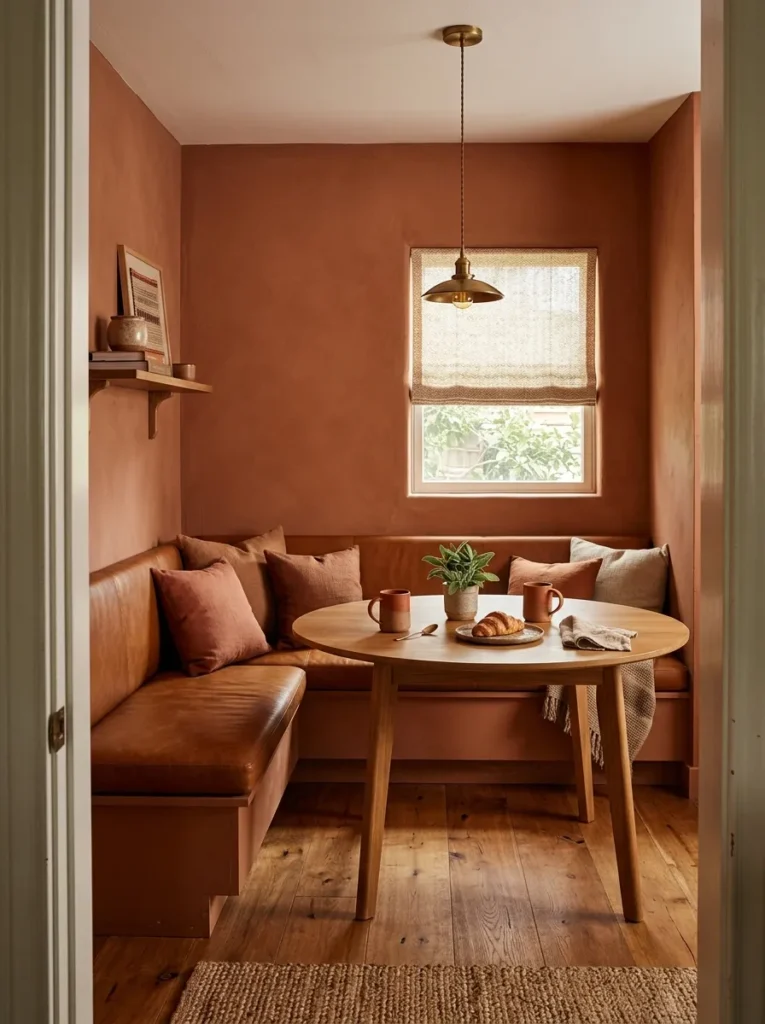 Monochromatic terracotta breakfast nook with cognac leather bench cushion, oak table, and brass pendant