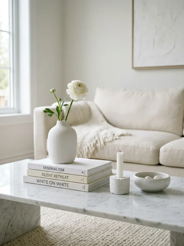 All-white coffee table arrangement on marble with a ceramic vase, book stack, pillar candle, and low bowl in varied matte and textured finishes
