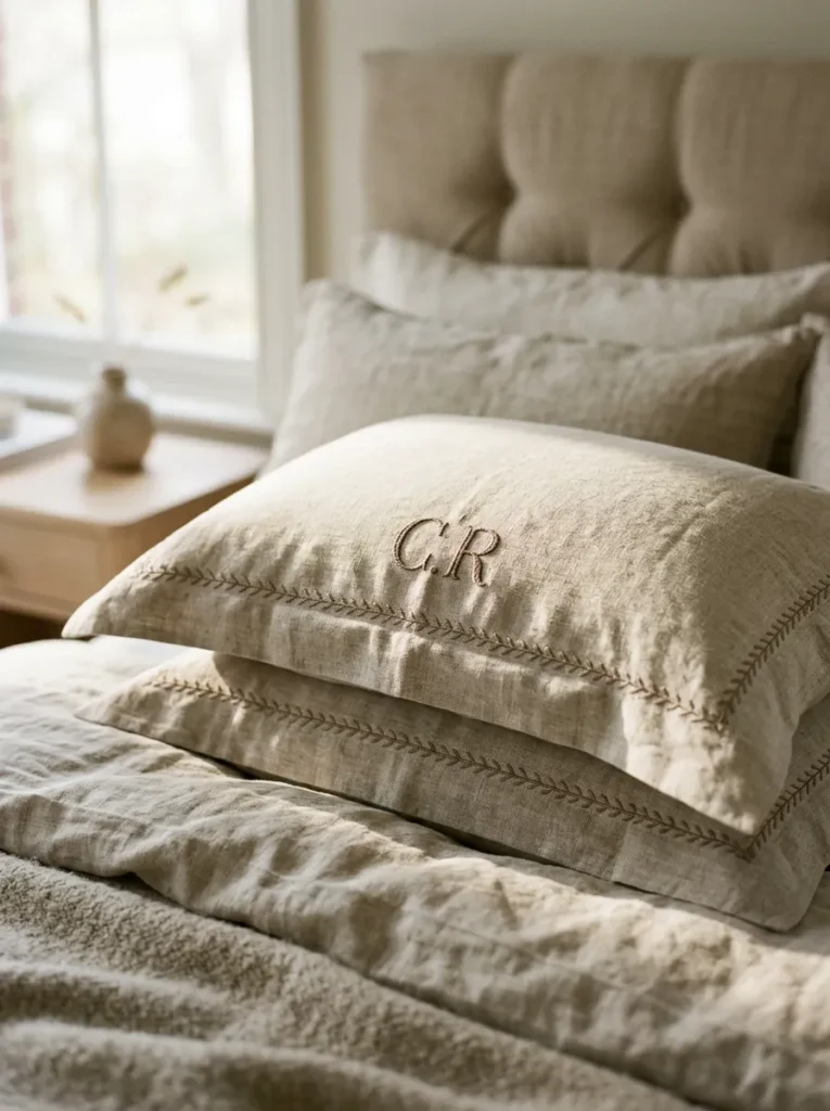Close detail of embroidered linen pillowcases with tone-on-tone monogram on a feminine bed