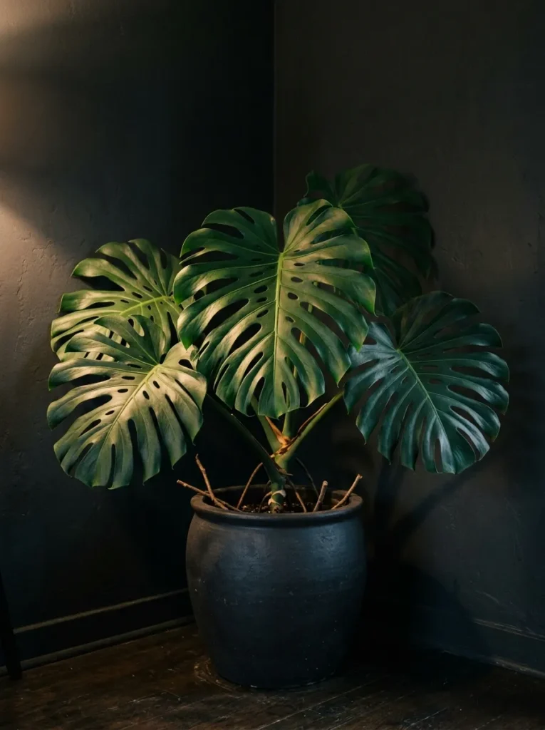 Large Monstera plant in a matte dark ceramic pot in the corner of a dark living room, leaves catching available lamp light
