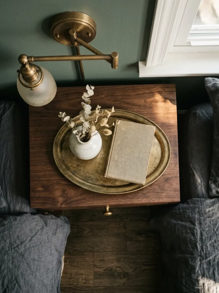 Dark walnut nightstand vignette with aged brass lamp, unlacquered brass drawer pull, brass tray, and ceramic vase in directional afternoon light
