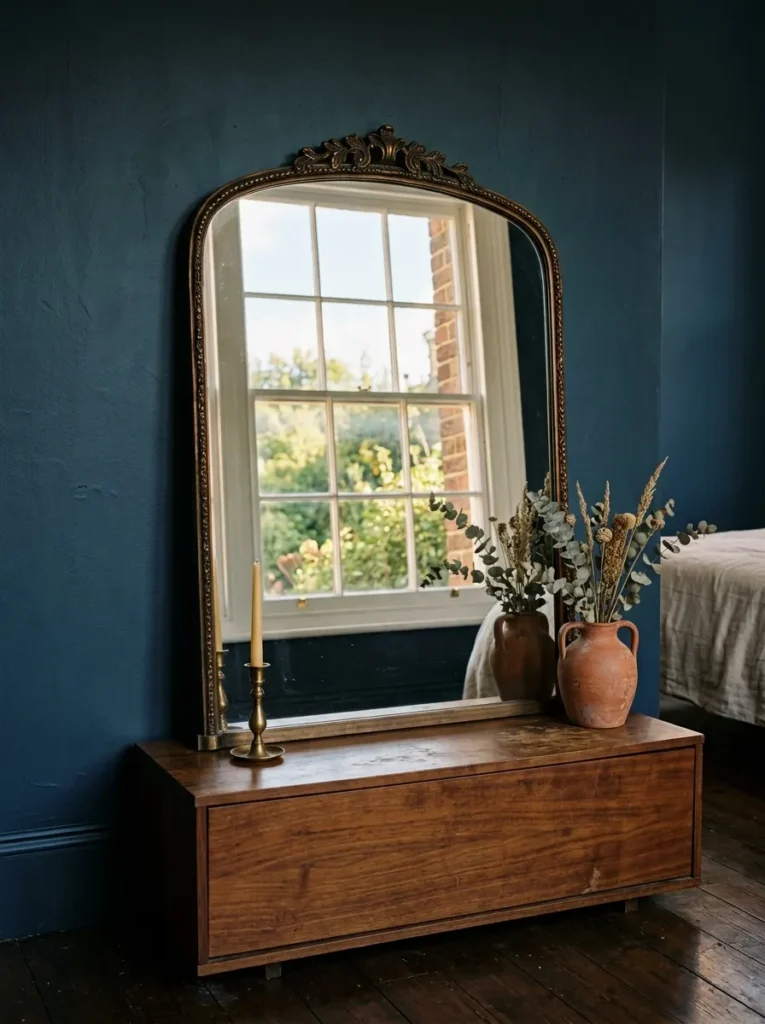 Large arch-shaped antique bronze mirror leaning against an ink blue bedroom wall, reflecting window light, above a walnut dresser with brass candlestick
