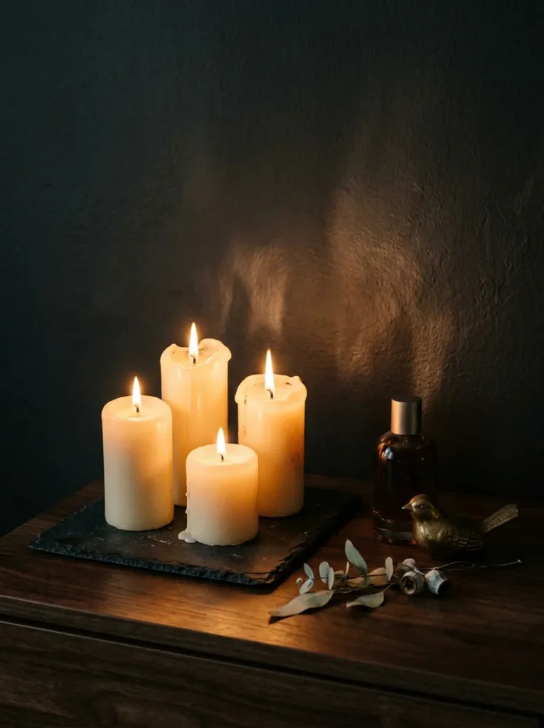 Three lit pillar candles on a slate tray on a bedroom dresser, casting warm flickering light against a deep charcoal wall at evening
