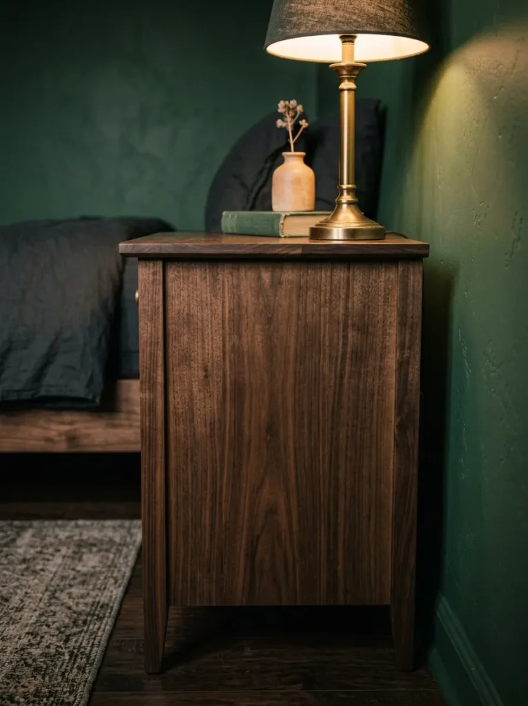 Dark walnut closed-front nightstand with brass lamp, single book, and ceramic bud vase against a forest green bedroom wall in evening light
