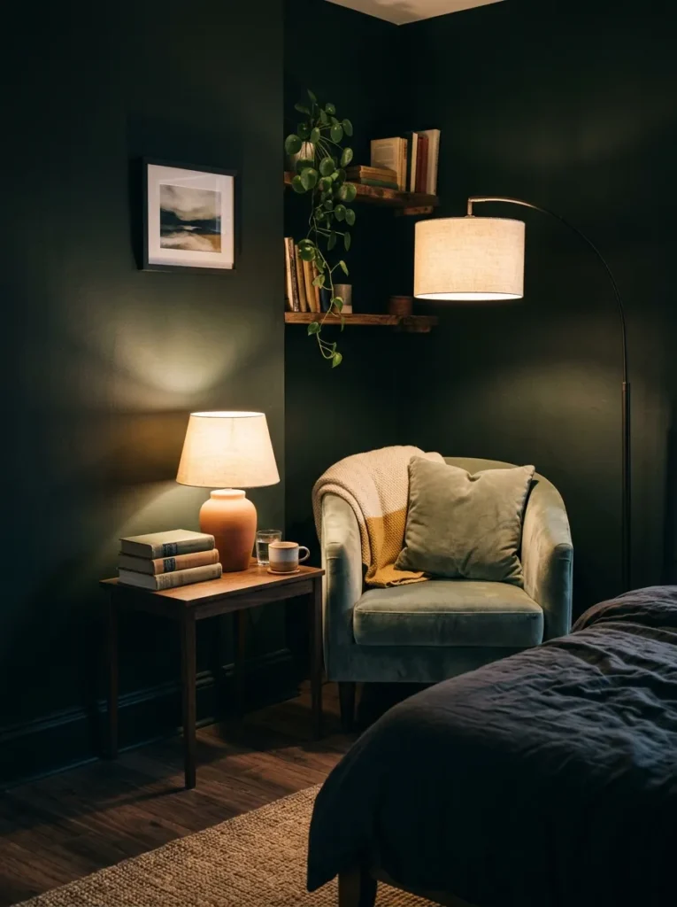 Bedroom reading corner with a sage velvet tub chair, dark walnut side table, and floor lamp glowing against deep green-black walls
