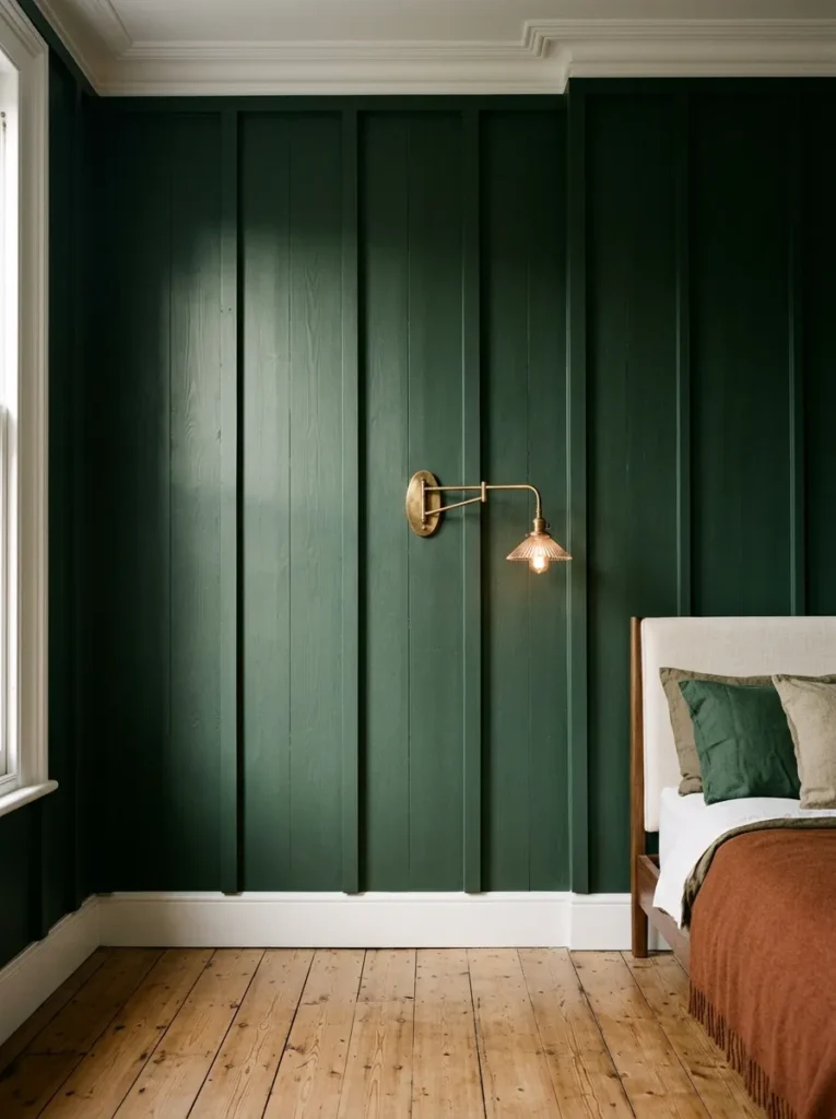 Deep forest green board-and-batten bedroom wall panelling in directional afternoon light showing dimensional shadow lines, with a brass wall sconce
