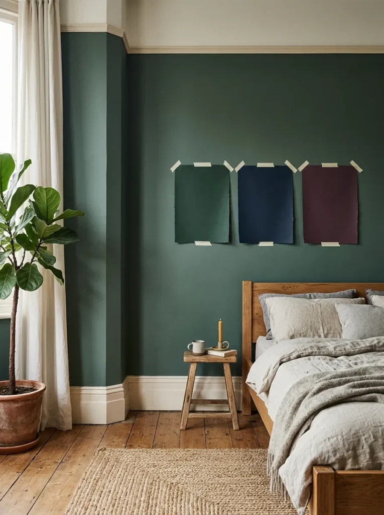 Bedroom corner with large dark paint swatches in forest green, navy, and plum against off-white trim in afternoon light
