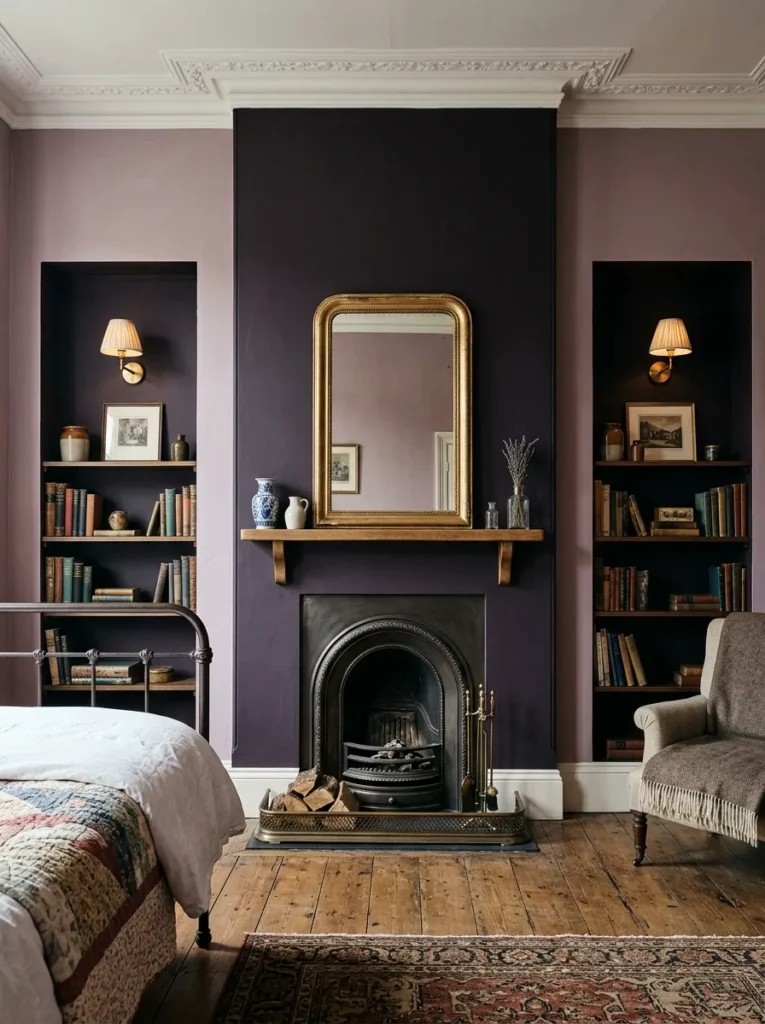 Victorian bedroom with deep plum-painted alcoves flanking a chimney breast, oak shelving, and brass sconces against lighter dusty mauve walls