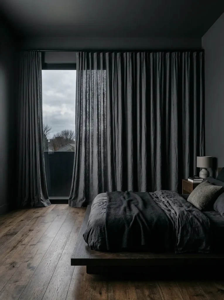 Floor-to-ceiling charcoal linen curtains spanning the full window wall of a dark bedroom, hanging from a blackened steel rod near the ceiling
