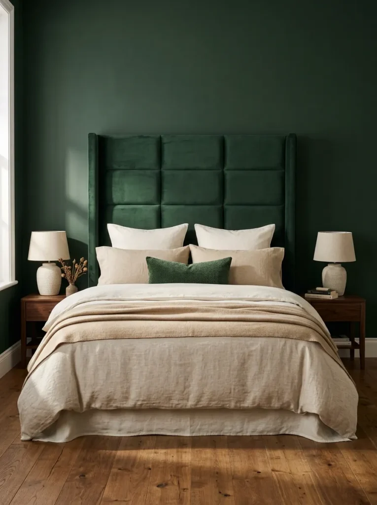 Tall forest green velvet upholstered headboard against matching deep green wall, flanked by dark walnut nightstands with ceramic lamps
