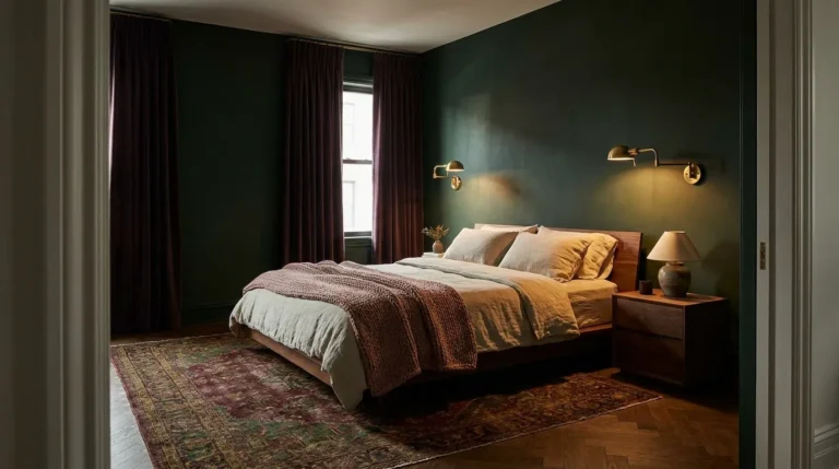 Moody master bedroom with forest green limewash walls, low walnut platform bed, aged brass sconces, and deep plum velvet curtains in evening lamplight