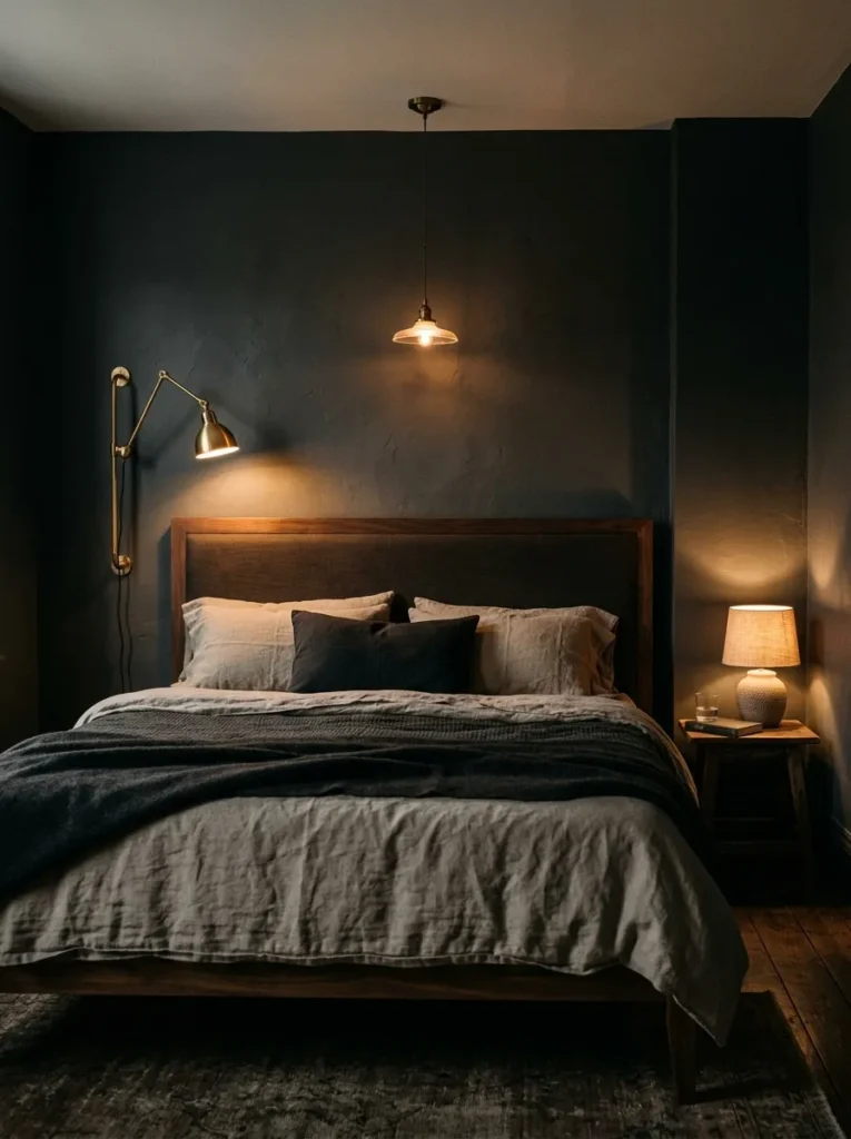 Dark charcoal bedroom with three layered warm light sources — ceiling pendant, wall sconce, and table lamp — creating overlapping amber pools
