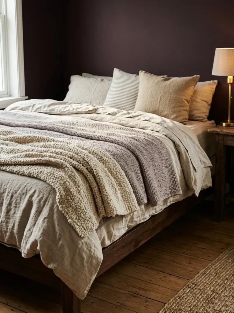 Layered bed in oatmeal linen, dusty coverlet, and boucle knit throw against a deep plum wall in warm morning light

