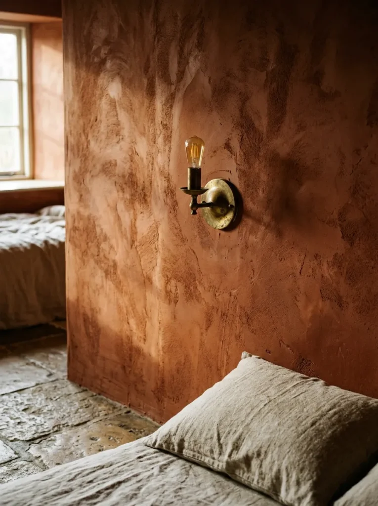 Deep terracotta limewash bedroom wall showing tonal variation in directional afternoon light, with a brass wall sconce mounted to its surface
