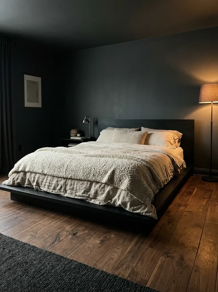 Low ebonised oak platform bed with layered cream linen against continuous dark charcoal walls and ceiling, floor lamp glowing in the corner
